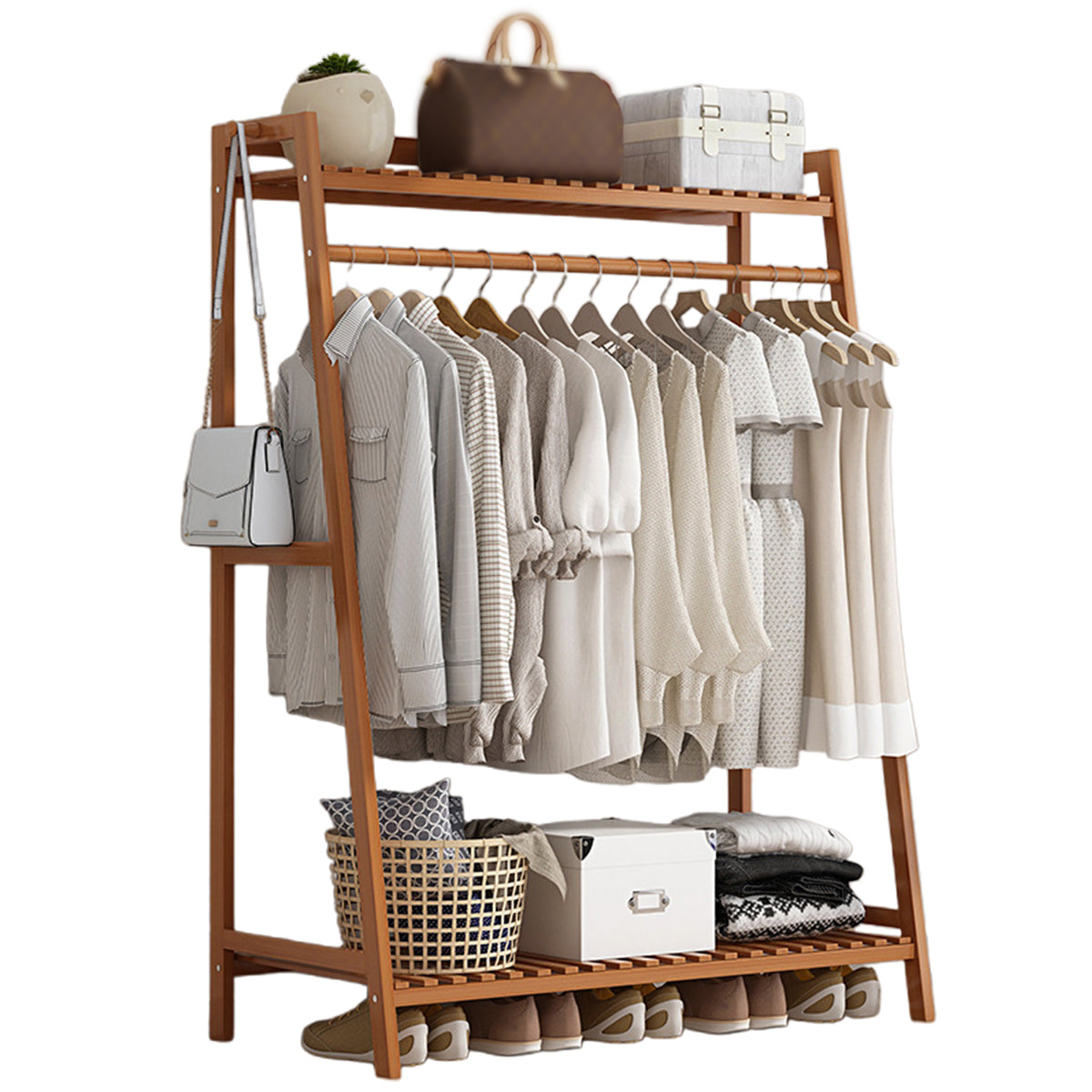 Bamboo Floor Standing Coat Rack Clothes Garment Rail Storage Organiser Stand-5