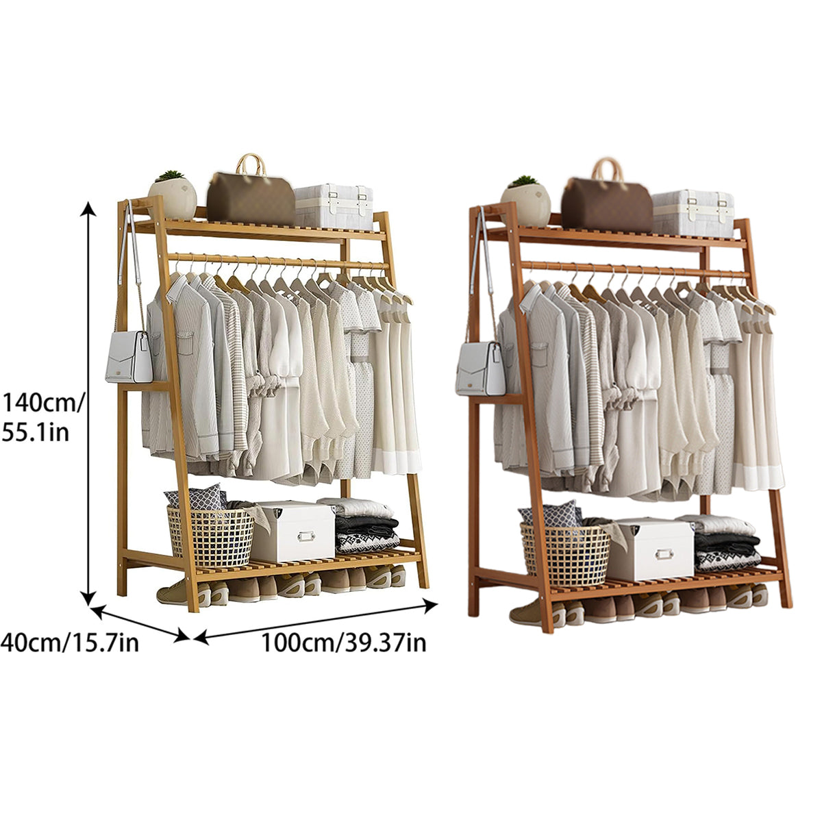 Bamboo Floor Standing Coat Rack Clothes Garment Rail Storage Organiser Stand-2