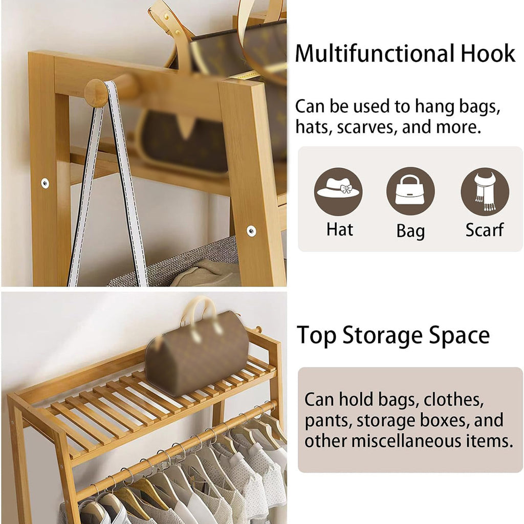 Bamboo Floor Standing Coat Rack Clothes Garment Rail Storage Organiser Stand-3