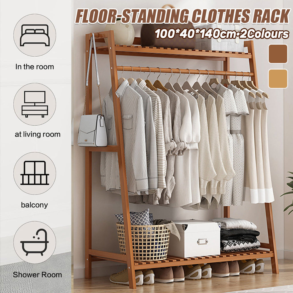 Bamboo Floor Standing Coat Rack Clothes Garment Rail Storage Organiser Stand-0