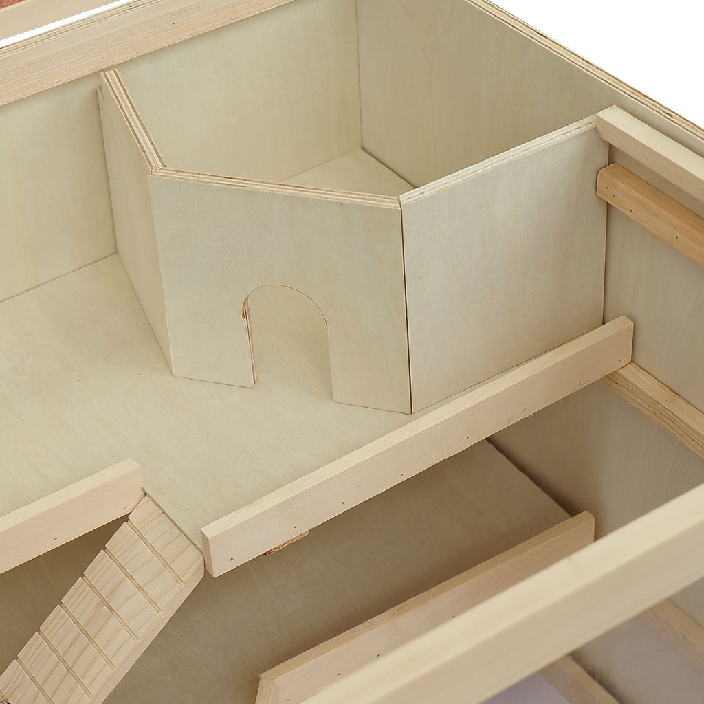 Hamster cage, gerbil cage, 2 levels, opening roof, windows, hut, 2 ladders, 115 x 57 x 55 cm, natural wood effect