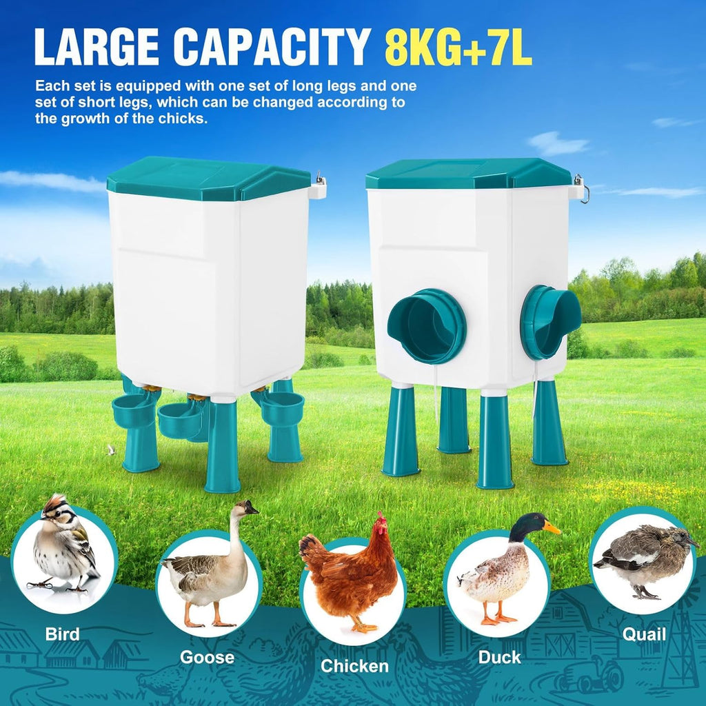 Automatic Chicken Feeder Waterer Set with 8KG Food & 7L Water - Blue