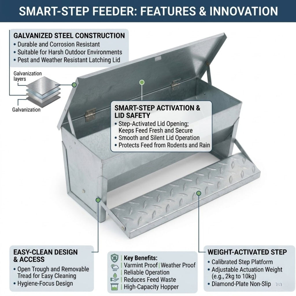 Automatic Treadle Chicken Feeder Galvanized Steel Grey