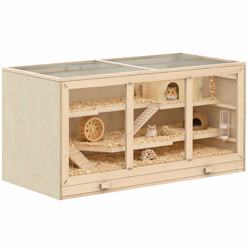 Hamster cage, gerbil cage, 2 levels, opening roof, windows, hut, 2 ladders, 115 x 57 x 55 cm, natural wood effect