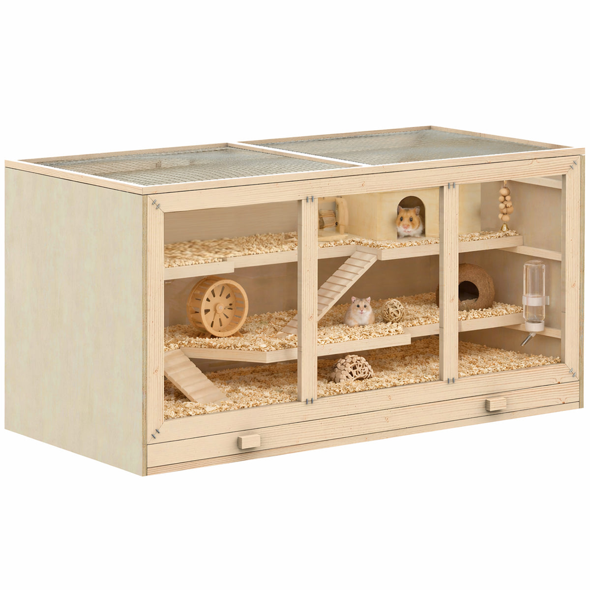 Hamster cage, gerbil cage, 2 levels, opening roof, windows, hut, 2 ladders, 115 x 57 x 55 cm, natural wood effect