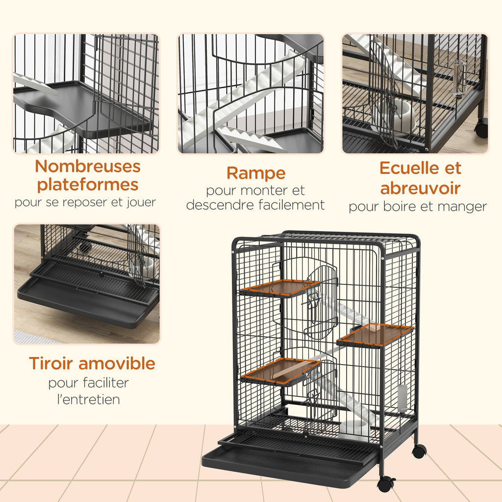 Rolling rodent cage, small animal cage with 3 ramps, 3 platforms, tray and water bottle, removable bottom tray, for rabbits, mink, chinchillas, steel, PP, 61.5x44x95cm, black