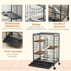 Rolling rodent cage, small animal cage with 3 ramps, 3 platforms, tray and water bottle, removable bottom tray, for rabbits, mink, chinchillas, steel, PP, 61.5x44x95cm, black