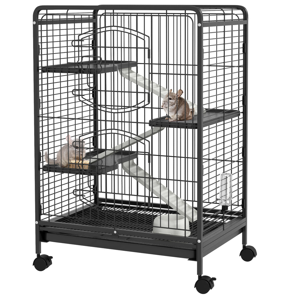 Rolling rodent cage, small animal cage with 3 ramps, 3 platforms, tray and water bottle, removable bottom tray, for rabbits, mink, chinchillas, steel, PP, 61.5x44x95cm, black