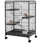 Rolling rodent cage, small animal cage with 3 ramps, 3 platforms, tray and water bottle, removable bottom tray, for rabbits, mink, chinchillas, steel, PP, 61.5x44x95cm, black