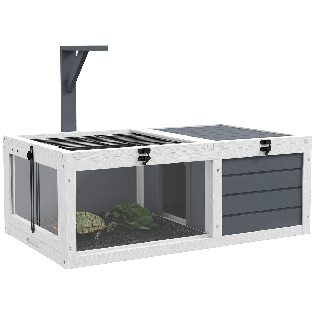 Small animal enclosure/cage for tortoises with 2 compartments and a lamp holder, 81 x 48 x 31.5 cm, grey