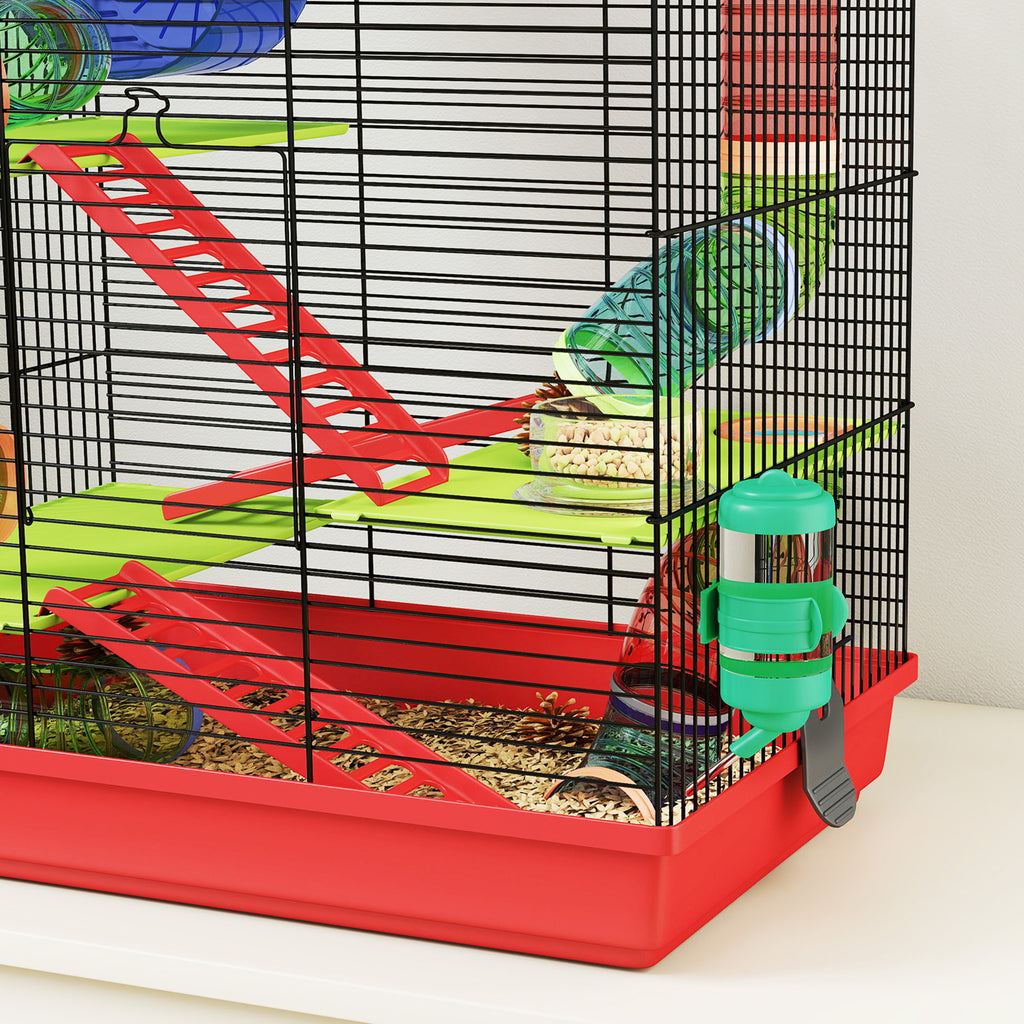 Cage for hamsters, mice, and small rodents with tunnel, feeder, wheel, and toy, 47 x 30 x 59 cm, red