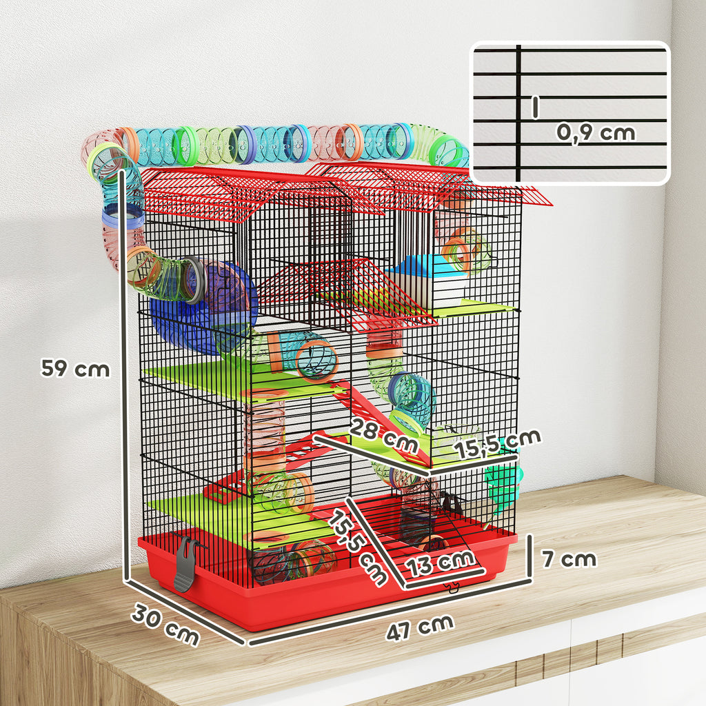 Cage for hamsters, mice, and small rodents with tunnel, feeder, wheel, and toy, 47 x 30 x 59 cm, red