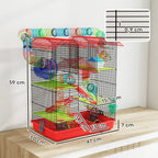 Cage for hamsters, mice, and small rodents with tunnel, feeder, wheel, and toy, 47 x 30 x 59 cm, red