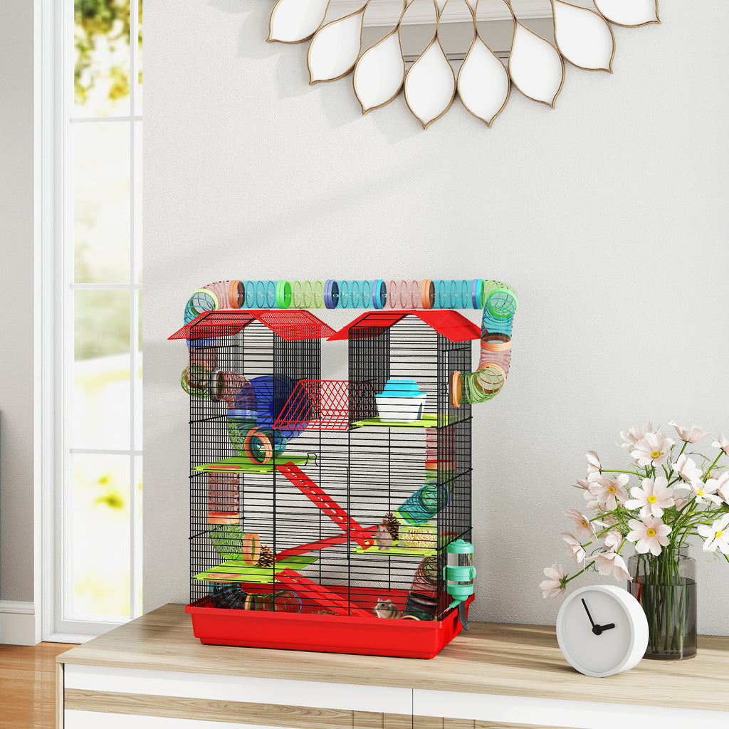 Cage for hamsters, mice, and small rodents with tunnel, feeder, wheel, and toy, 47 x 30 x 59 cm, red