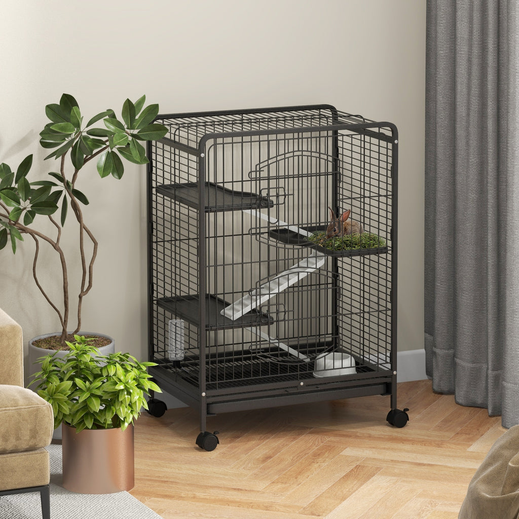 Rolling rodent cage, small animal cage with 3 ramps, 3 platforms, tray and water bottle, removable bottom tray, for rabbits, mink, chinchillas, steel, PP, 61.5x44x95cm, black