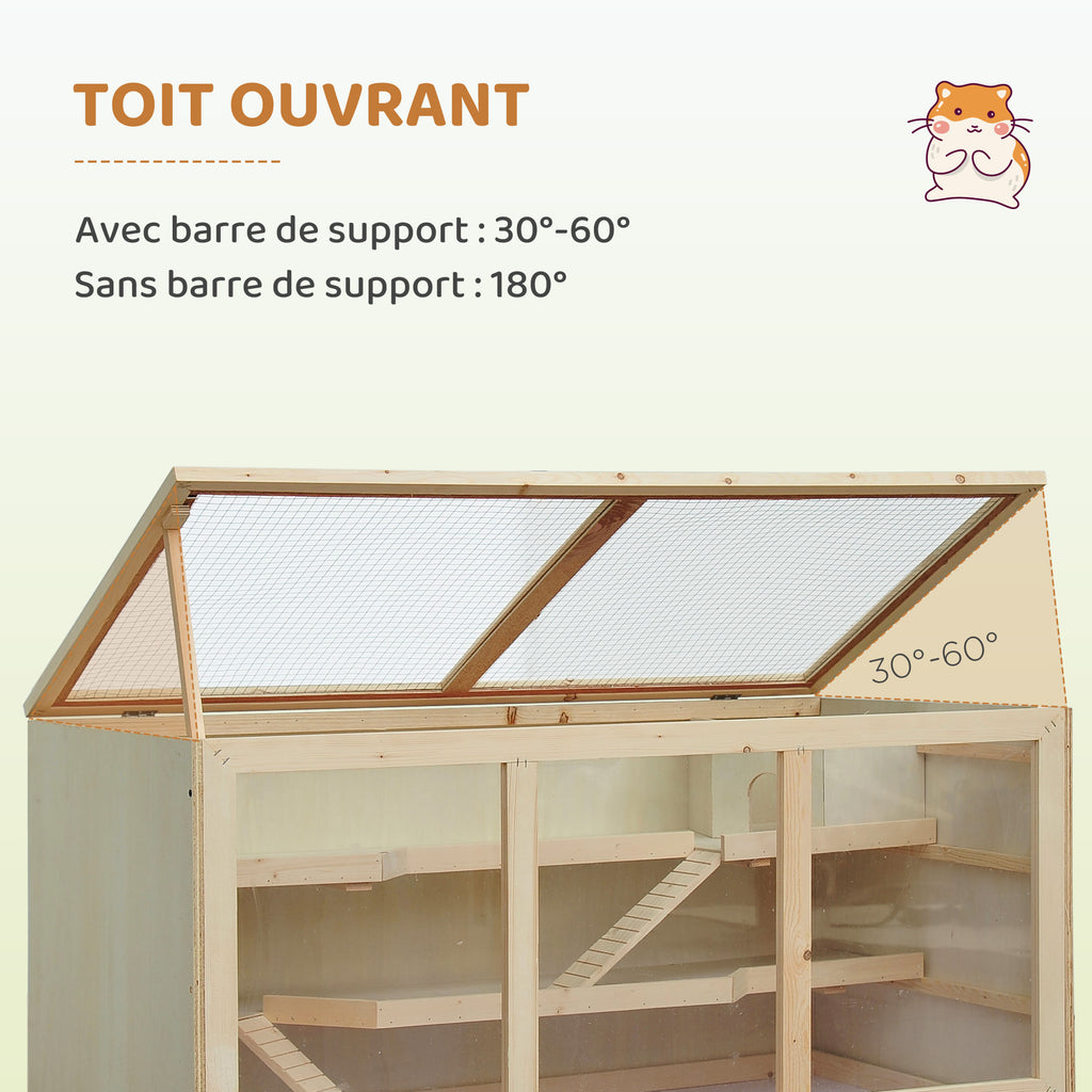 Hamster cage, gerbil cage, 2 levels, opening roof, windows, hut, 2 ladders, 115 x 57 x 55 cm, natural wood effect