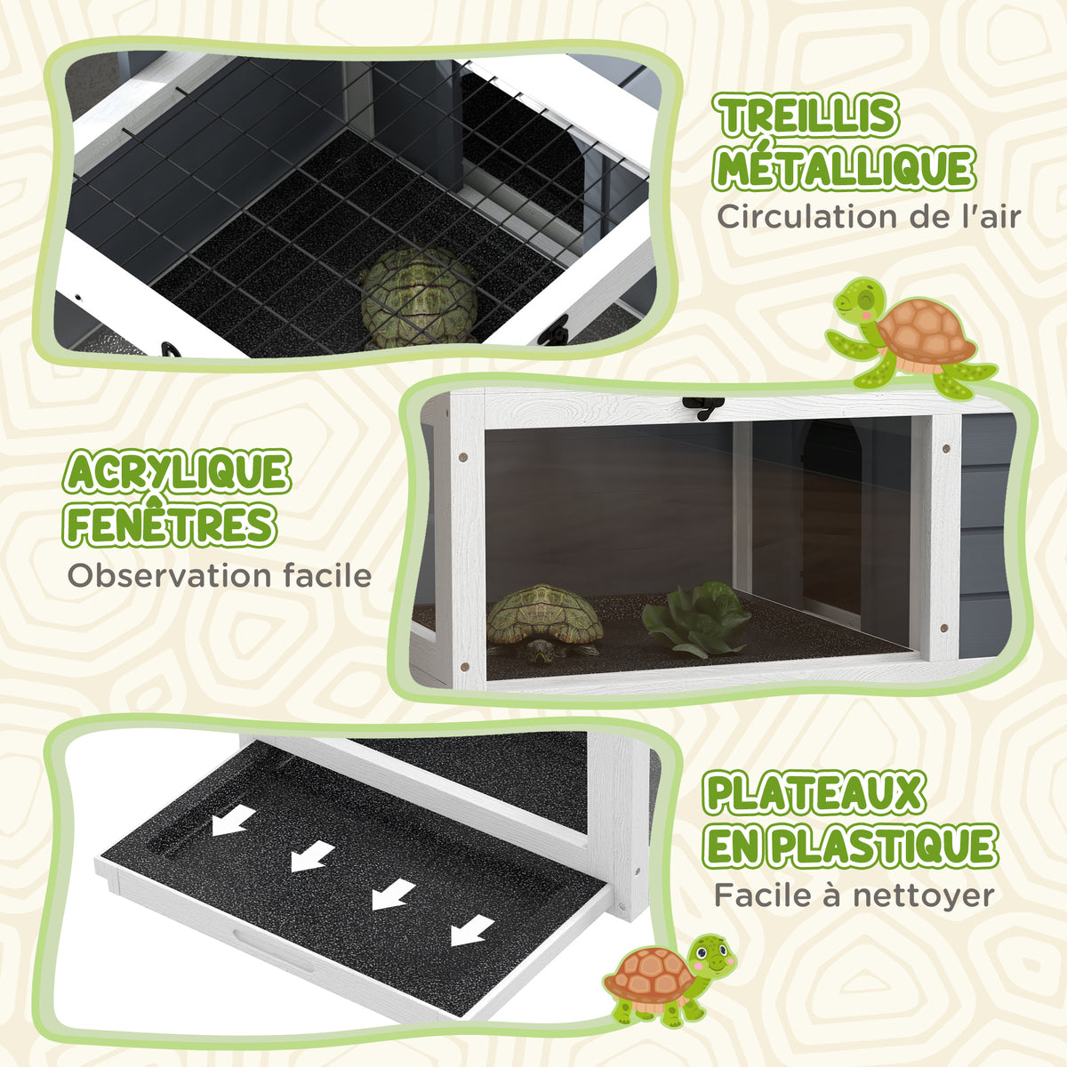 Small animal enclosure/cage for tortoises with 2 compartments and a lamp holder, 81 x 48 x 31.5 cm, grey