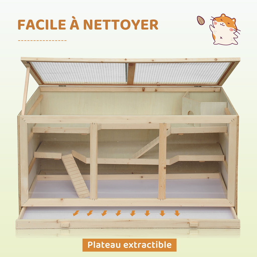 Hamster cage, gerbil cage, 2 levels, opening roof, windows, hut, 2 ladders, 115 x 57 x 55 cm, natural wood effect