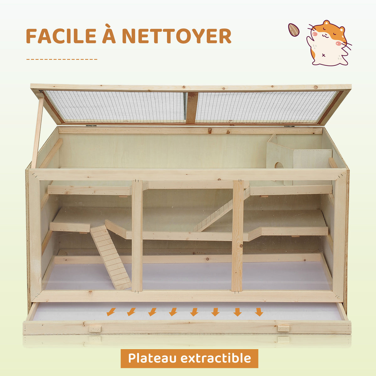 Hamster cage, gerbil cage, 2 levels, opening roof, windows, hut, 2 ladders, 115 x 57 x 55 cm, natural wood effect