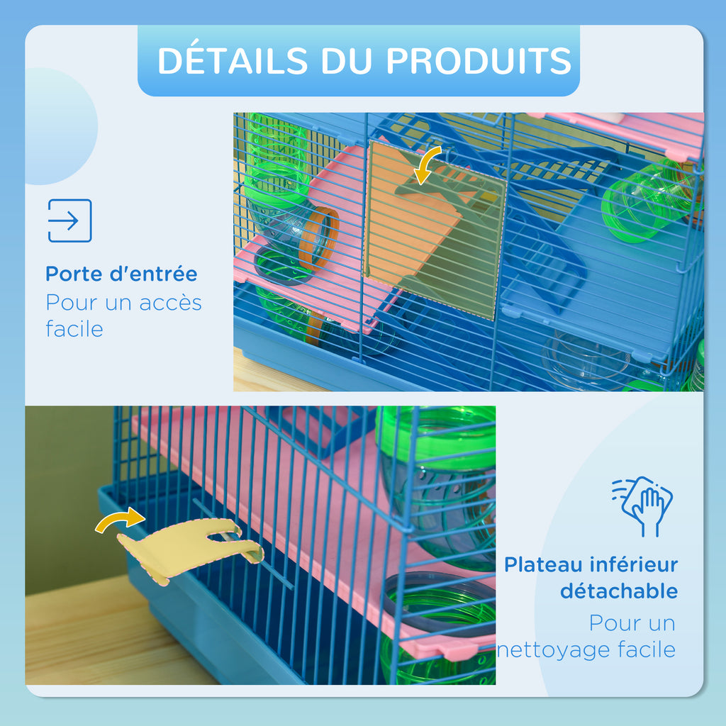 Cage for Hamsters, Mice, Small Animals, Rodents with Tunnel, Feeder, Wheel, and Toy, 47 x 30 x 59 cm, Blue