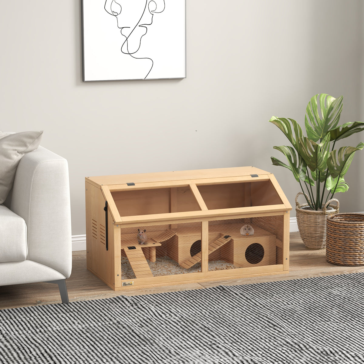 Wooden hamster cage, large habitat for rodents, ventilation, opening lid and accessories, 85x45x44cm, natural wood
