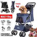 Foldable Pet Stroller 4 Wheels Dog Cat Travel Pram Carrier Cage Pushchair-0