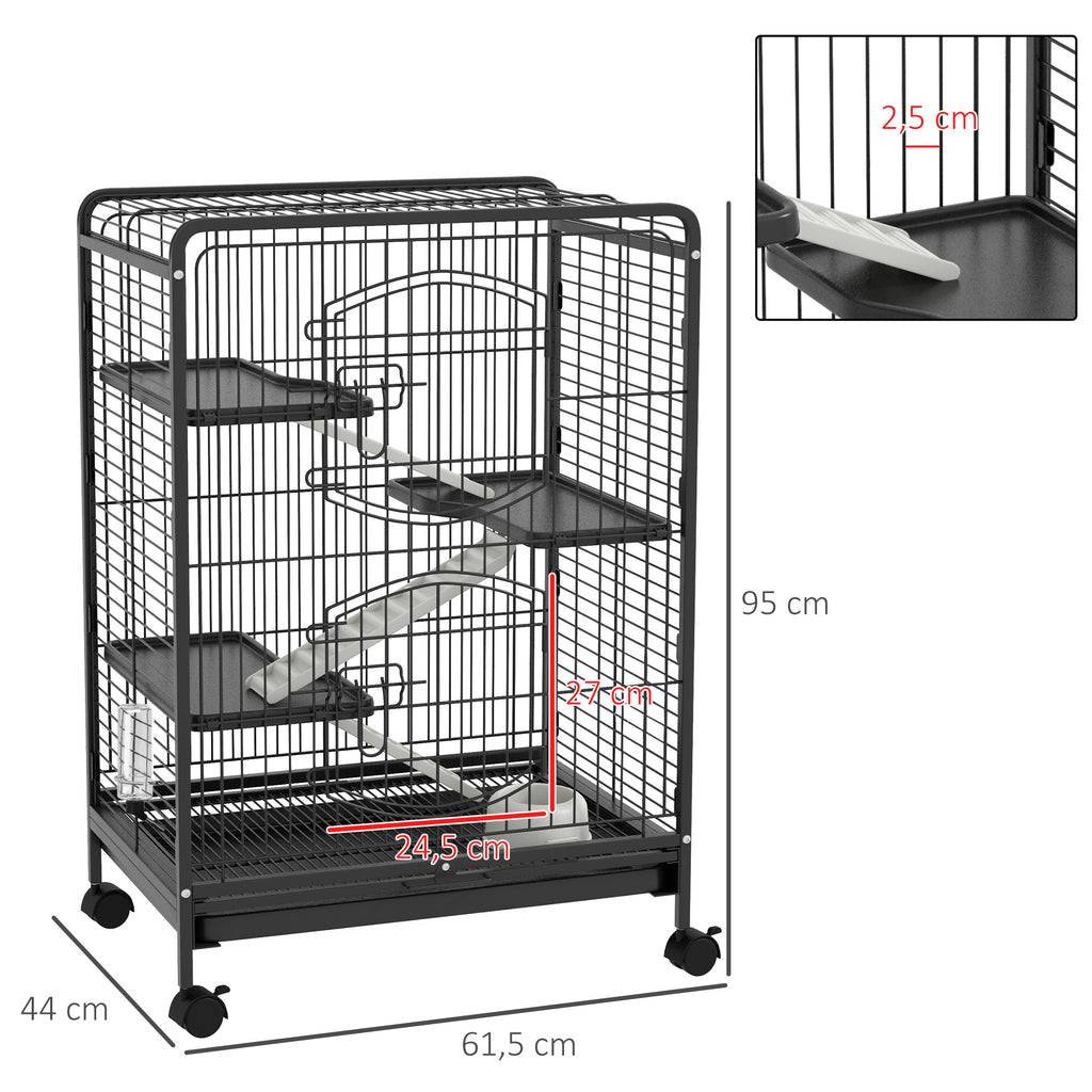Rolling rodent cage, small animal cage with 3 ramps, 3 platforms, tray and water bottle, removable bottom tray, for rabbits, mink, chinchillas, steel, PP, 61.5x44x95cm, black