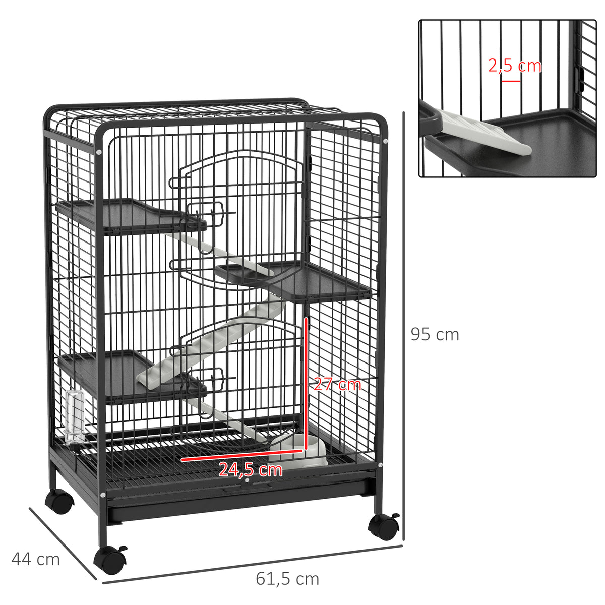 Rolling rodent cage, small animal cage with 3 ramps, 3 platforms, tray and water bottle, removable bottom tray, for rabbits, mink, chinchillas, steel, PP, 61.5x44x95cm, black