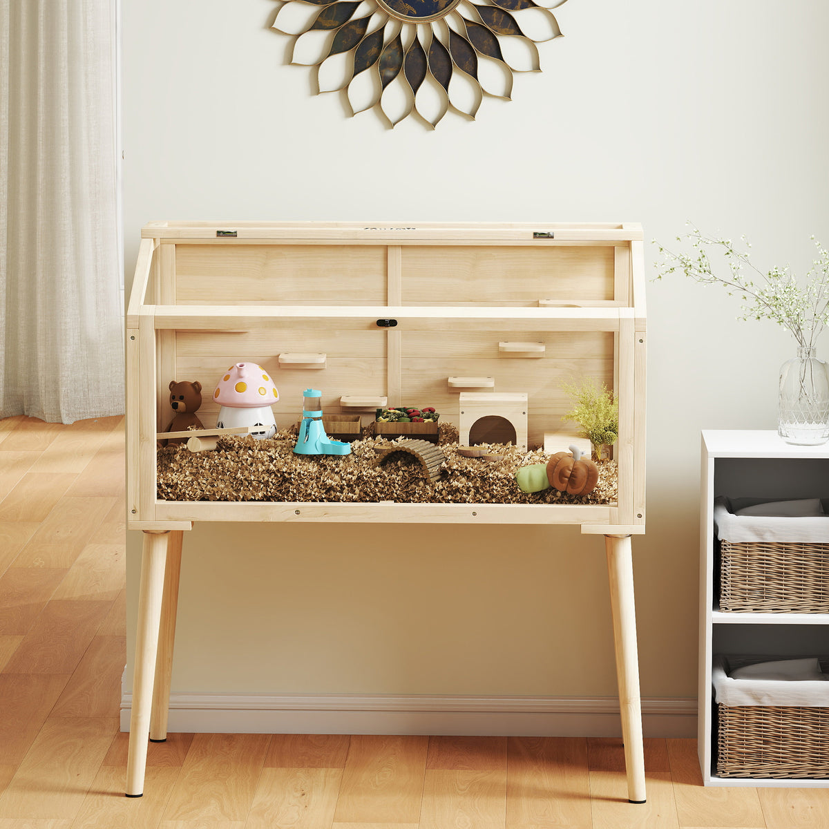 Hamster cage, rodent habitat, wood, hinged roof, 7 platforms, 2 swings, 110x52x101cm, natural wood effect
