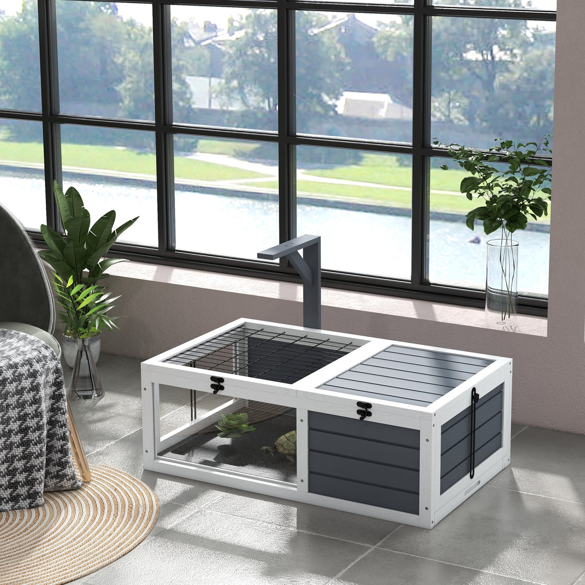 Small animal enclosure/cage for tortoises with 2 compartments and a lamp holder, 81 x 48 x 31.5 cm, grey