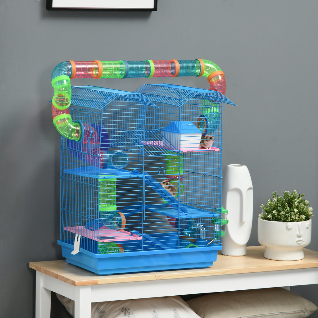 Cage for Hamsters, Mice, Small Animals, Rodents with Tunnel, Feeder, Wheel, and Toy, 47 x 30 x 59 cm, Blue
