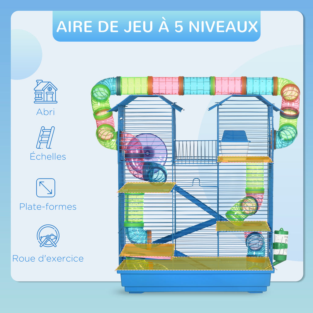 Cage for Hamsters, Mice, Small Animals, Rodents with Tunnel, Feeder, Wheel, and Toy, 47 x 30 x 59 cm, Blue
