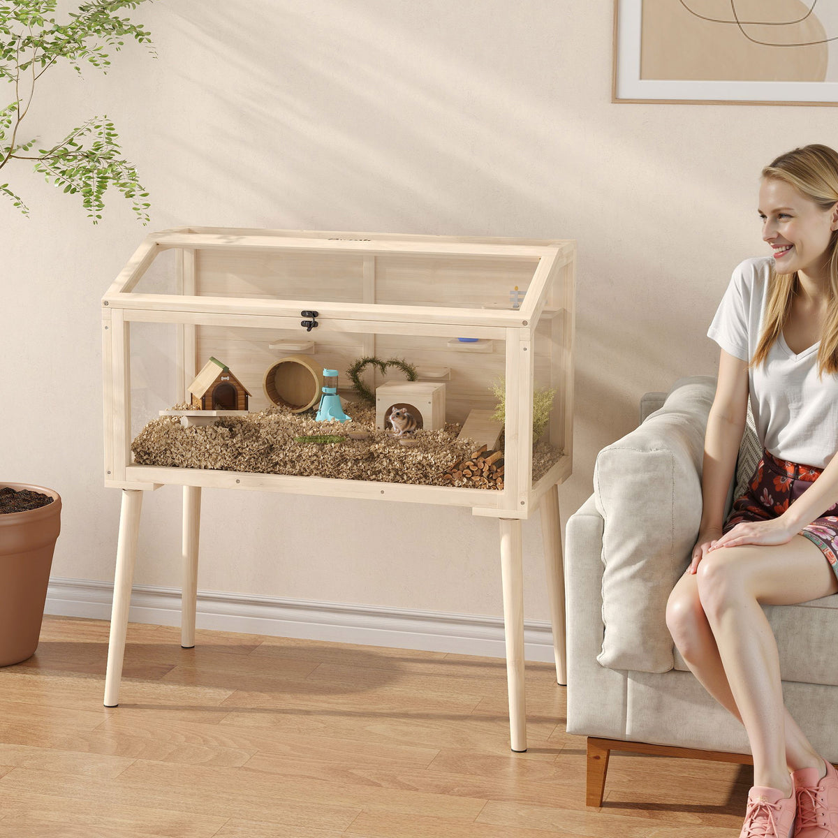 Hamster cage, rodent habitat, wood, hinged roof, 7 platforms, 2 swings, 110x52x101cm, natural wood effect