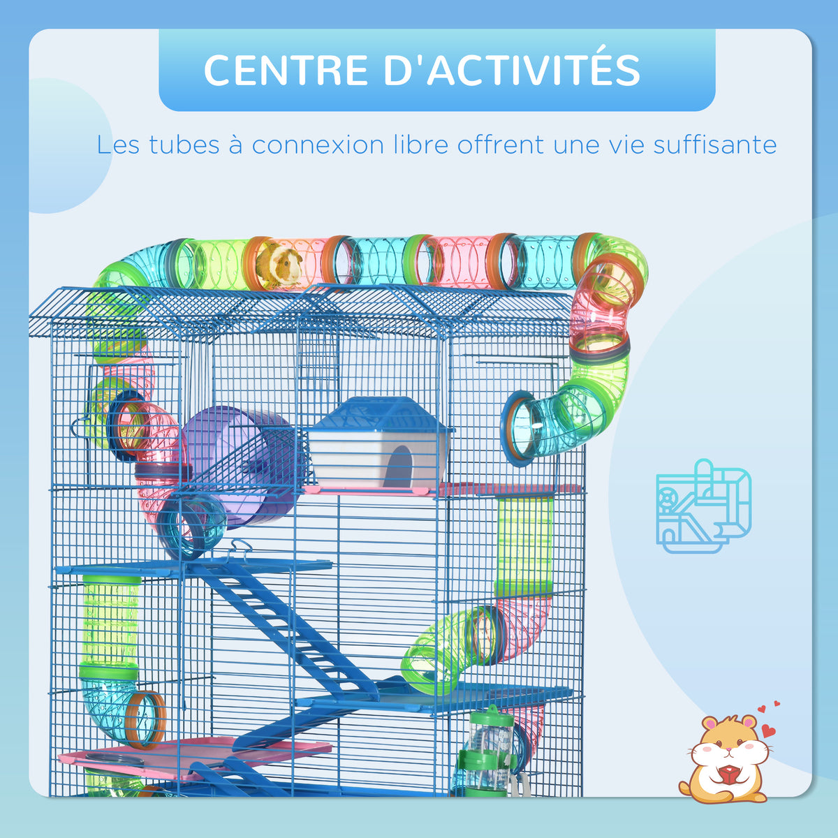 Cage for Hamsters, Mice, Small Animals, Rodents with Tunnel, Feeder, Wheel, and Toy, 47 x 30 x 59 cm, Blue