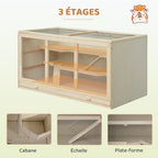 Hamster cage, gerbil cage, 2 levels, opening roof, windows, hut, 2 ladders, 115 x 57 x 55 cm, natural wood effect