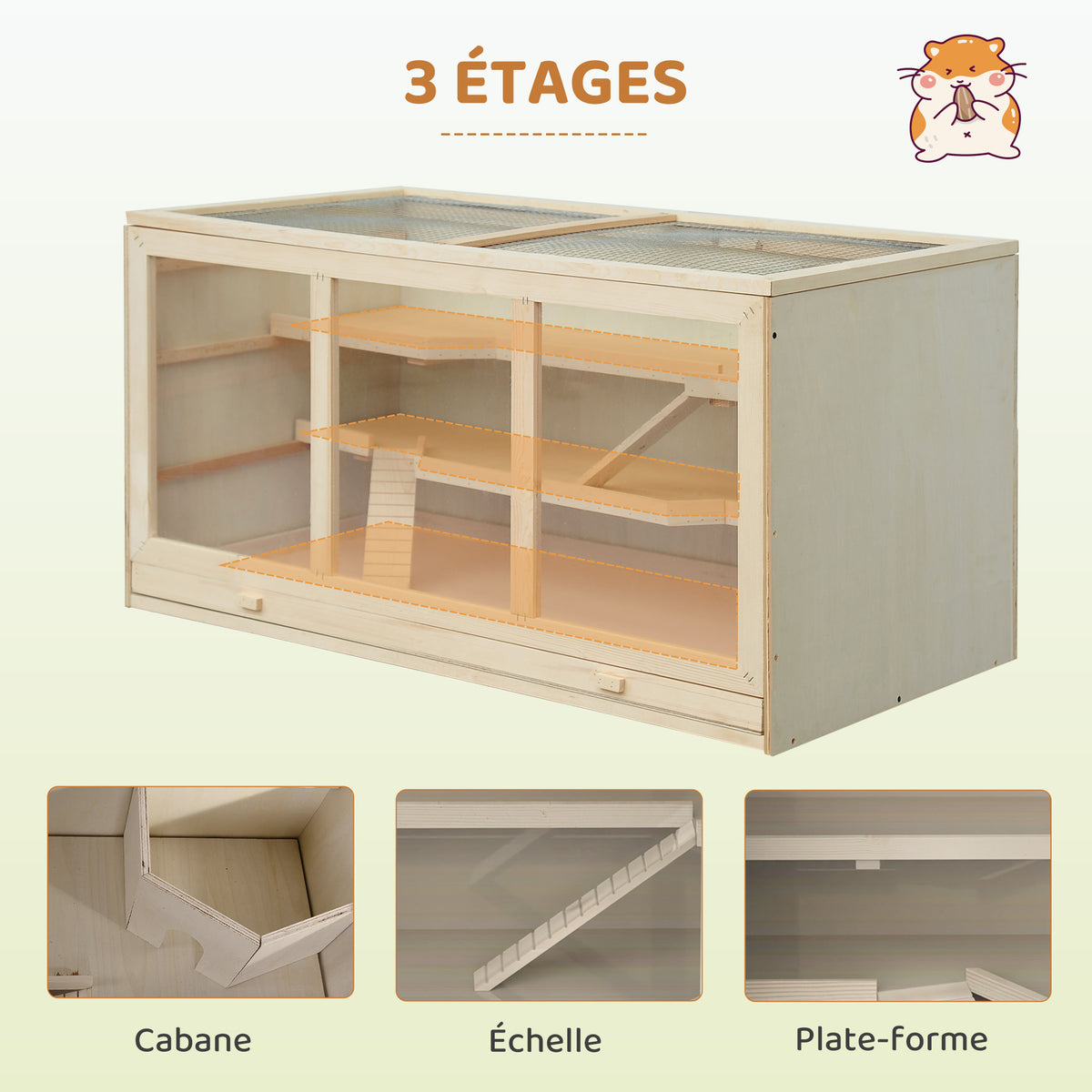 Hamster cage, gerbil cage, 2 levels, opening roof, windows, hut, 2 ladders, 115 x 57 x 55 cm, natural wood effect