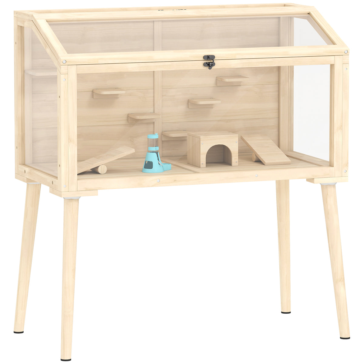 Hamster cage, rodent habitat, wood, hinged roof, 7 platforms, 2 swings, 110x52x101cm, natural wood effect