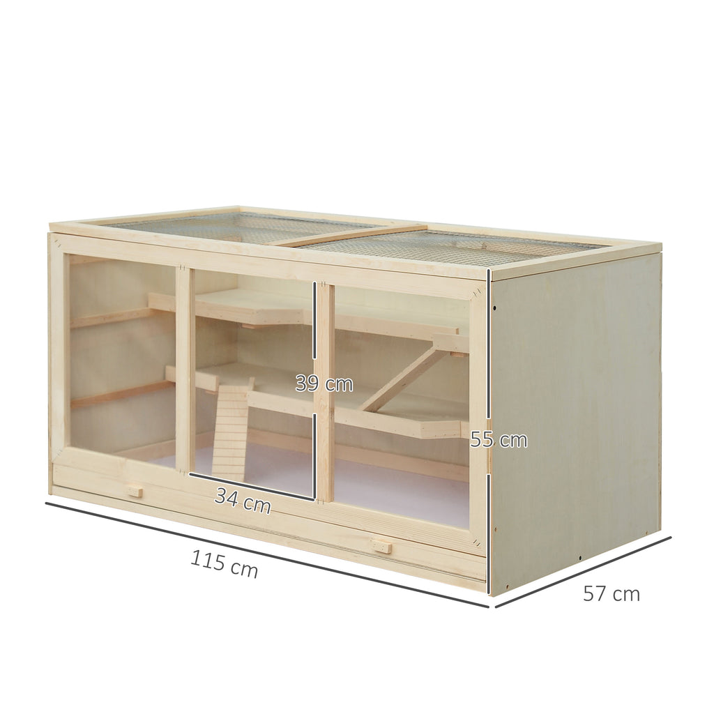 Hamster cage, gerbil cage, 2 levels, opening roof, windows, hut, 2 ladders, 115 x 57 x 55 cm, natural wood effect