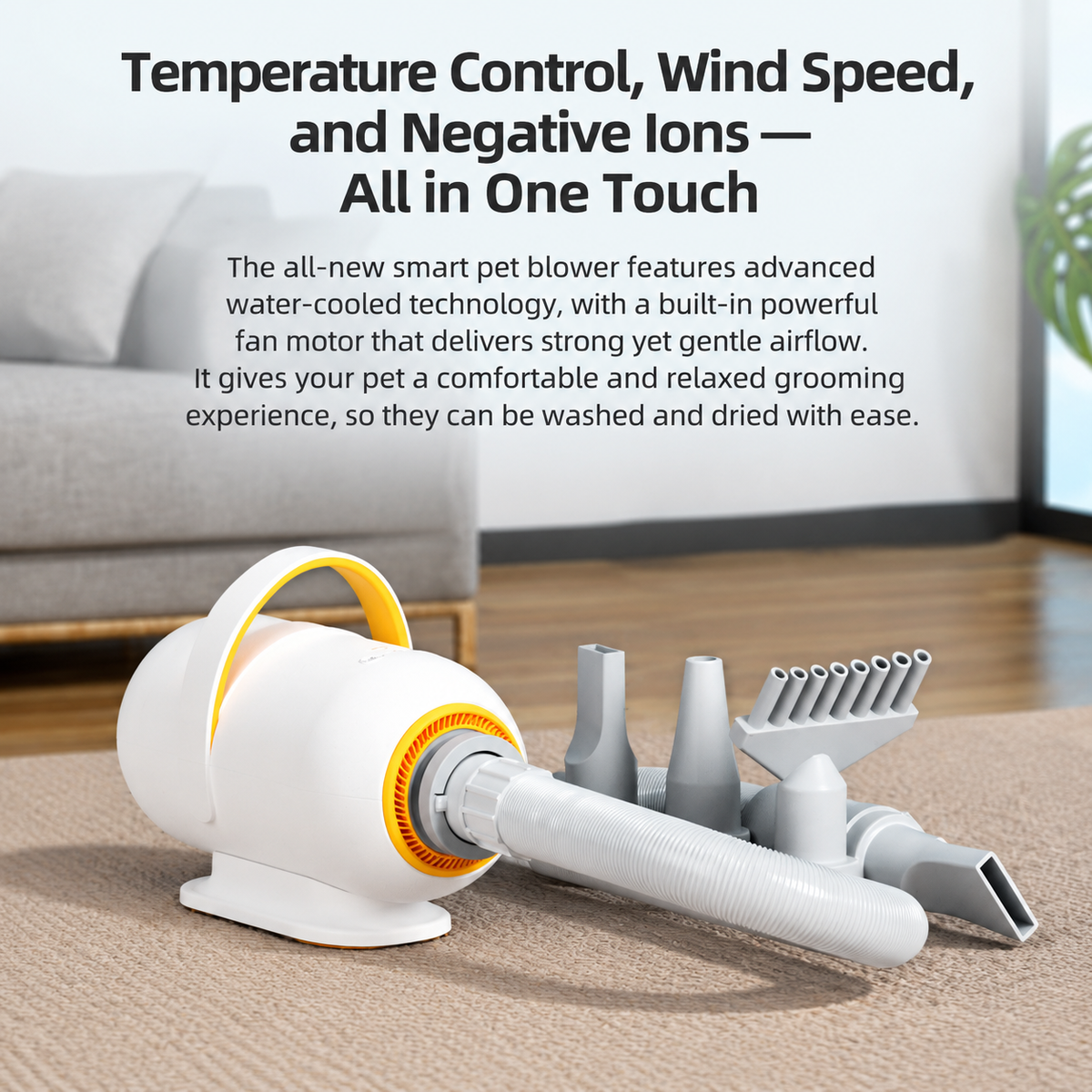 Smart Pet Grooming Dryer with Adjustable Speed Temperature and Replaceable Nozzles for Quick Drying and Loose Hair Removal After Bathing for Cats and Dogs at Home (Single Blow Pet Dryer)-1