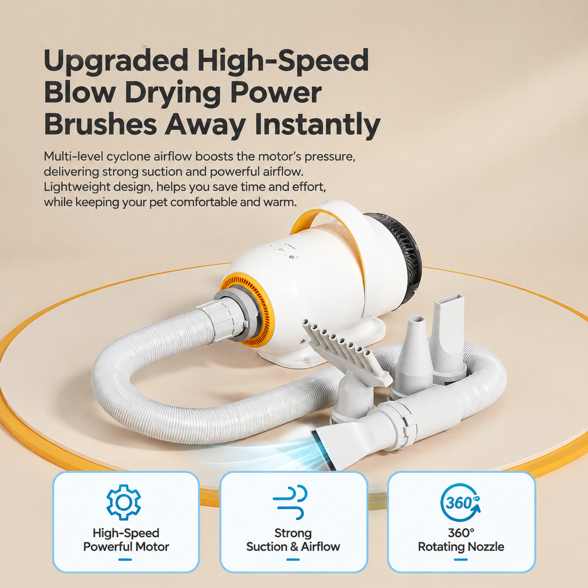 Smart Pet Grooming Dryer with Adjustable Speed Temperature and Replaceable Nozzles for Quick Drying and Loose Hair Removal After Bathing for Cats and Dogs at Home (Single Blow Pet Dryer)-3