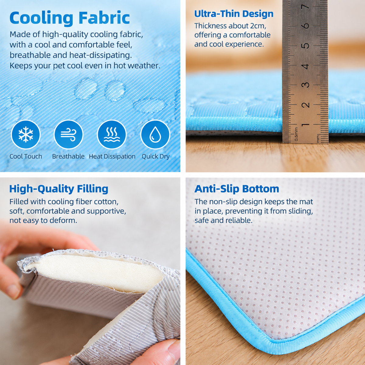 Cooling Pet Mat with Breathable Ice Silk Surface and Thick High-Elastic Foam for Dogs and Cats to Rest on Floors and Sofas During Hot Weather (Blue, S)-2