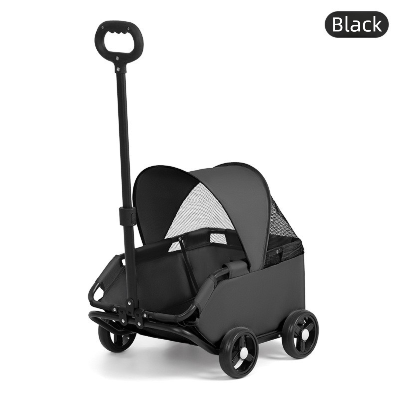 Black Foldable Pet Stroller and Adjustable Sun Canopy - Spacious 4-Weel Wagon with 360° Rotating Telescopic Handle, 45° Entry Angle, Safety Clips and Storage Pocket for Dogs & Cats Outdoor Travel-0