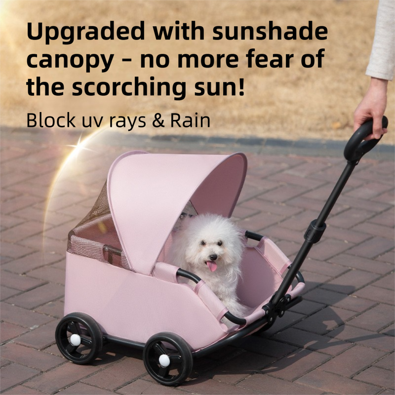 Black Foldable Pet Stroller and Adjustable Sun Canopy - Spacious 4-Weel Wagon with 360° Rotating Telescopic Handle, 45° Entry Angle, Safety Clips and Storage Pocket for Dogs & Cats Outdoor Travel-2