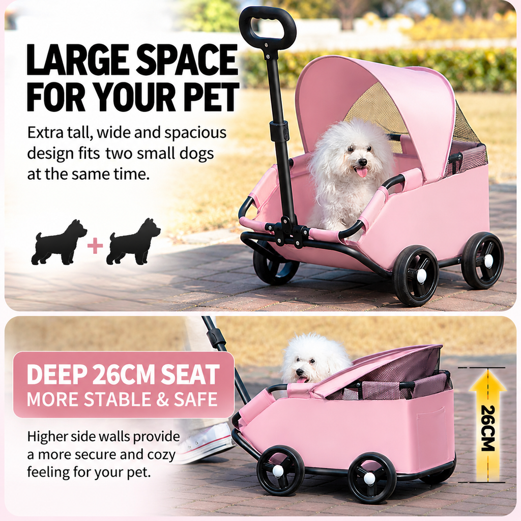 Black Foldable Pet Stroller and Adjustable Sun Canopy - Spacious 4-Weel Wagon with 360° Rotating Telescopic Handle, 45° Entry Angle, Safety Clips and Storage Pocket for Dogs & Cats Outdoor Travel-4