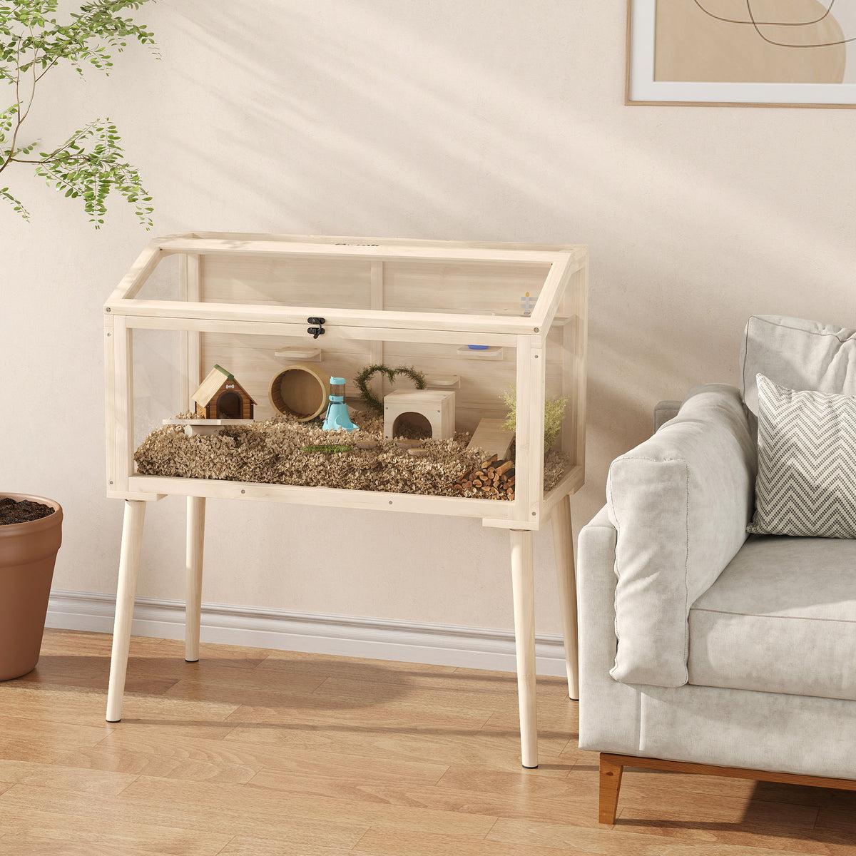 Hamster cage, rodent habitat, wood, hinged roof, 7 platforms, 2 swings, 110x52x101cm, natural wood effect
