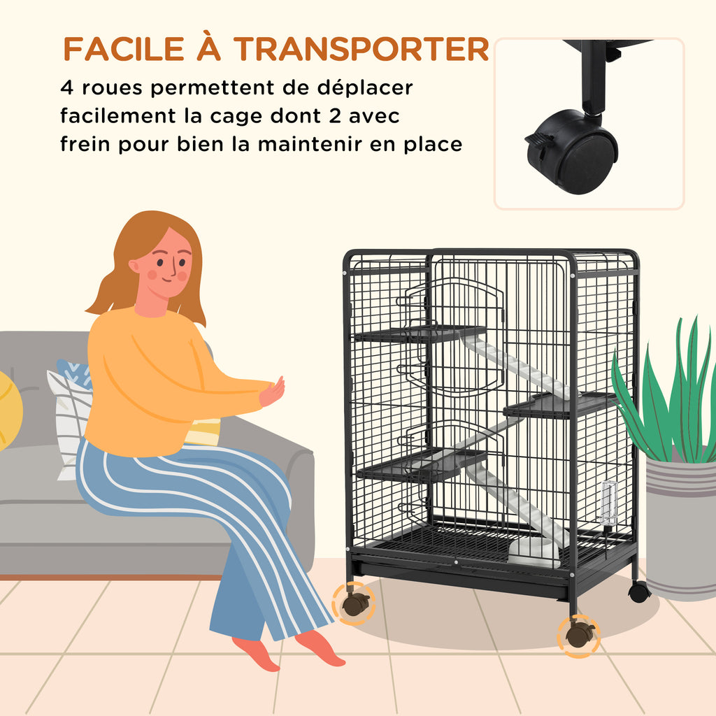 Rolling rodent cage, small animal cage with 3 ramps, 3 platforms, tray and water bottle, removable bottom tray, for rabbits, mink, chinchillas, steel, PP, 61.5x44x95cm, black