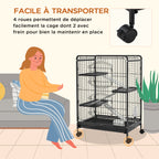 Rolling rodent cage, small animal cage with 3 ramps, 3 platforms, tray and water bottle, removable bottom tray, for rabbits, mink, chinchillas, steel, PP, 61.5x44x95cm, black