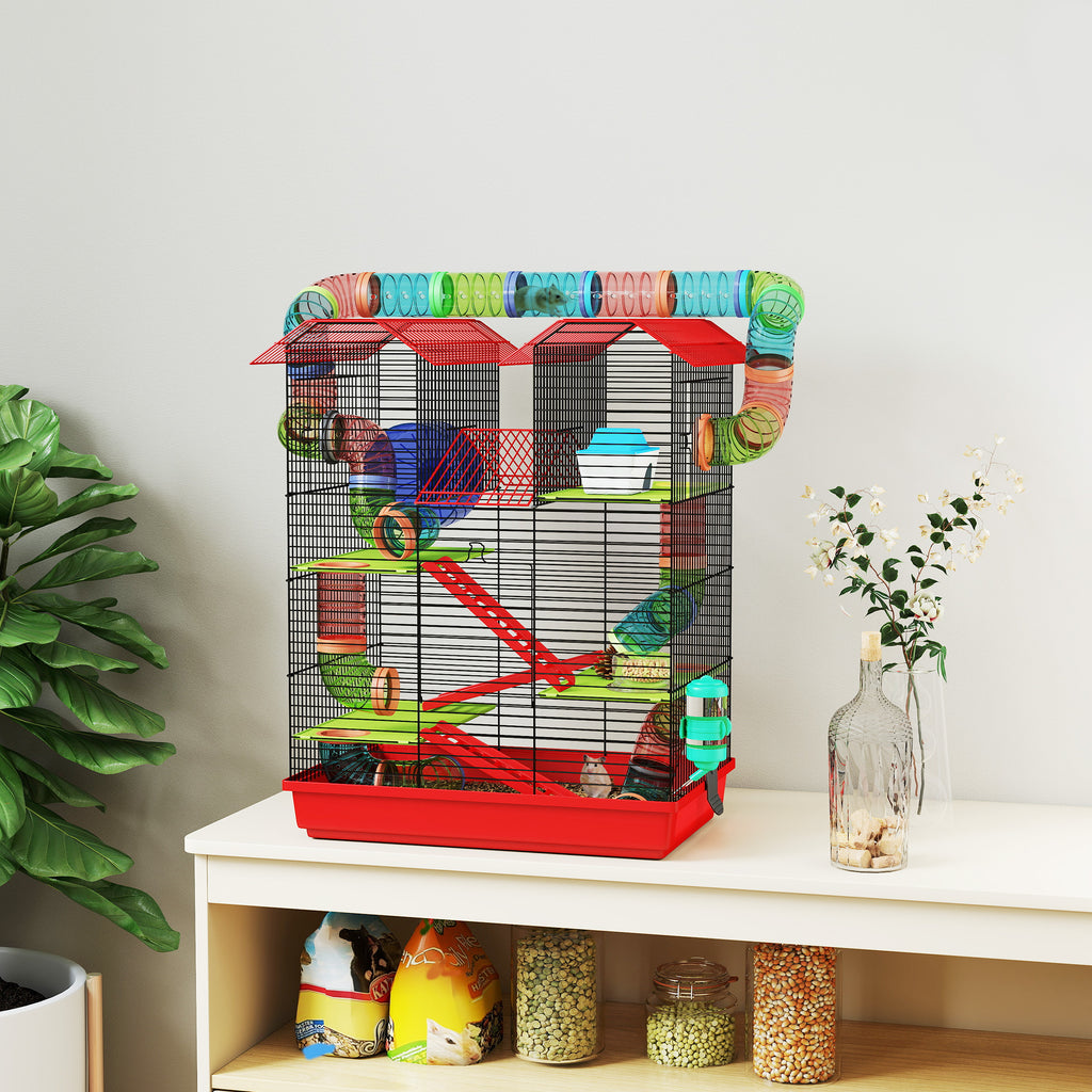 Cage for hamsters, mice, and small rodents with tunnel, feeder, wheel, and toy, 47 x 30 x 59 cm, red