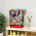Cage for hamsters, mice, and small rodents with tunnel, feeder, wheel, and toy, 47 x 30 x 59 cm, red