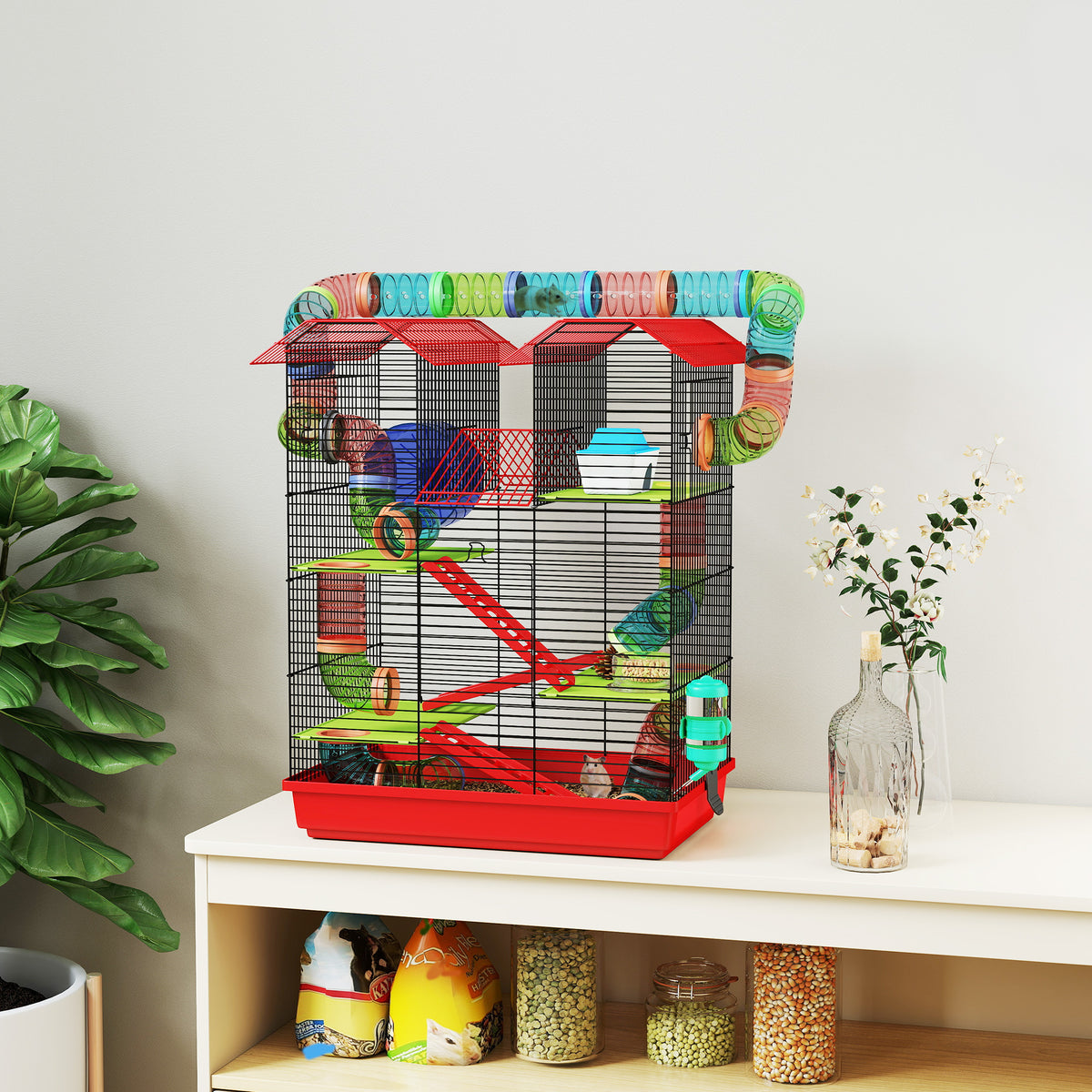 Cage for hamsters, mice, and small rodents with tunnel, feeder, wheel, and toy, 47 x 30 x 59 cm, red